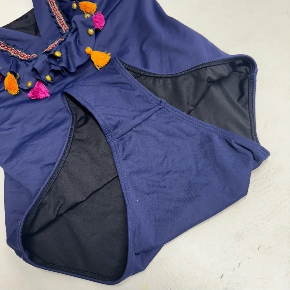 ONDA DE MAR Women’s size M Navy Swimsuit with Colorful Tassels